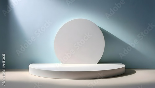 3D rendering of a minimalist product display stand design with wall-mounted spotlights.