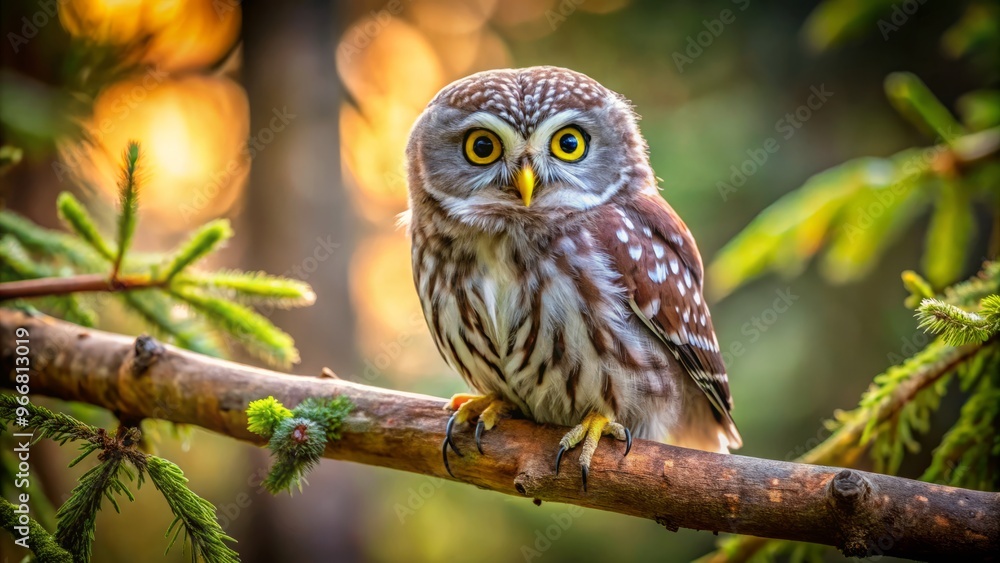 A tiny owl with piercing yellow eyes sits quietly on a branch, surveiling the forest floor and towering A tiny owl with piercing yellow eyes sits quietly on a branch, surveiling the forest floor and towering