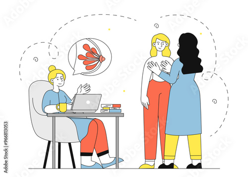 Mammologist consultation concept. Doctors in medical uniforms perform breast examination. Healthcare and medicine. Diagnosis and treatment. Preventing cancer. Linear vector illustration