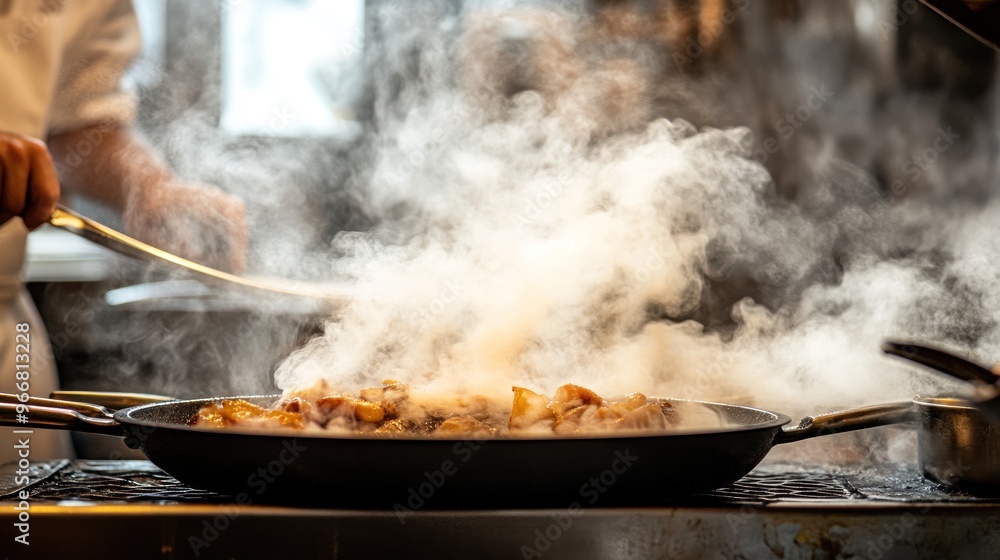 Close-up of a Frying Pan with Food and Steam Rising Close-up of a Frying Pan with Food and Steam Rising