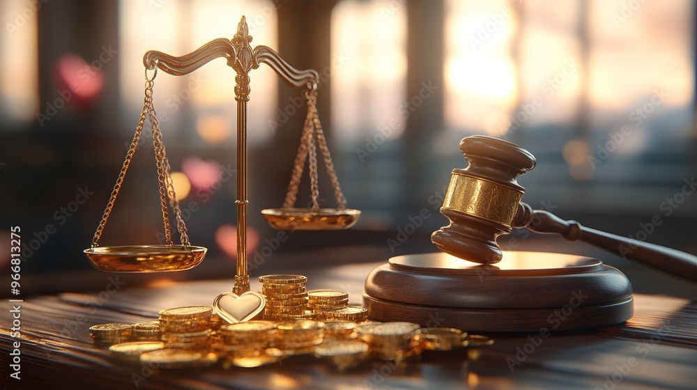 A conceptual 3D scene with a scale balancing gold coins and a heart on one side, a gavel on the other, capturing the essence of law versus emotion A conceptual 3D scene with a scale balancing gold coins and a heart on one side, a gavel on the other, capturing the essence of law versus emotion