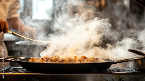 Close-up of a Frying Pan with Food and Steam Rising photo