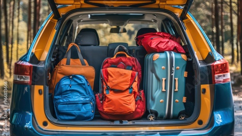 The trunk of a yellow car is full of luggage, ready for a trip.