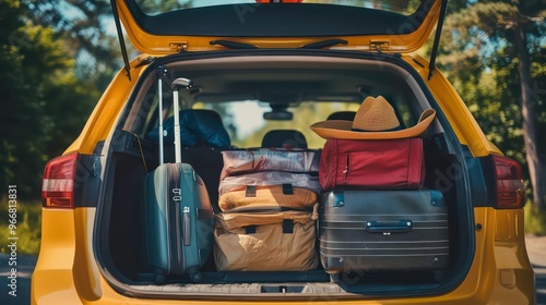 A yellow car packed with luggage and a hat in the trunk, ready for a road trip.