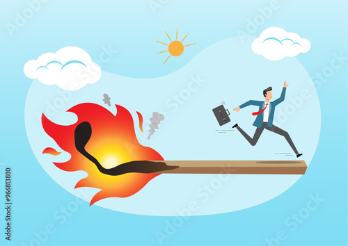 desperate businessman running away from burning matchstick