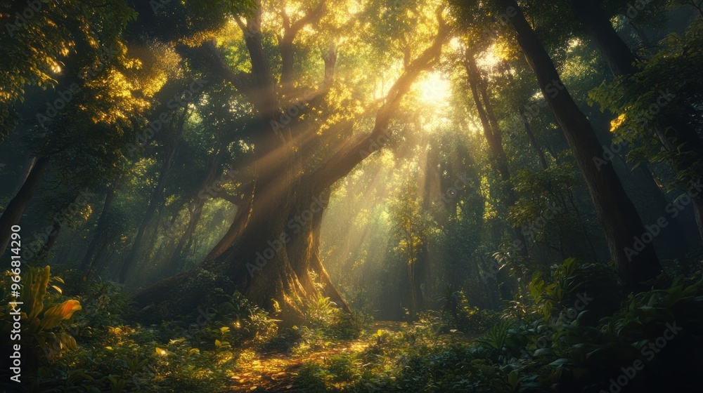 Sunbeams illuminate a majestic tree in a mystical forest.