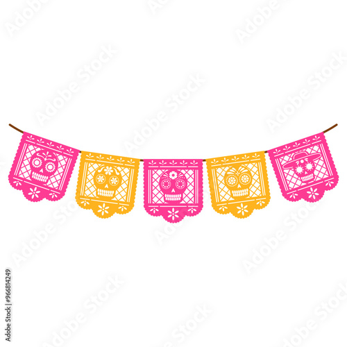 a papel picado, a maxican vibrant maxican paper cut bunting with skull pattern illustration  photo