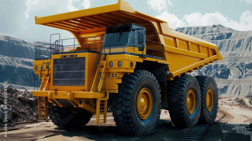large dump truck for quarries. At the job site is a large yellow mining truck. Coal being loaded into a truck body. large dump truck for quarries. At the job site is a large yellow mining truck. Coal being loaded into a truck body.