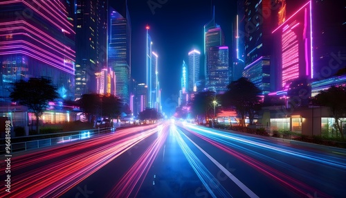 Background of LED lights from buildings and city traffic at night.
