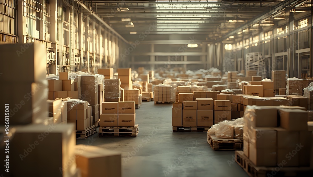 Rows of stacked cardboard boxes in a warehouse. Rows of stacked cardboard boxes in a warehouse.
