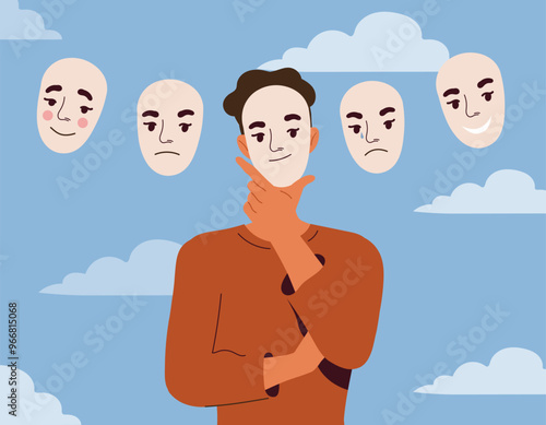 Man with different moods. Young guy with various face masks with emotions. Person with bipolar disorder. Mental and psychological problems. Schizophrenia and paranoia. Flat vector illustration
