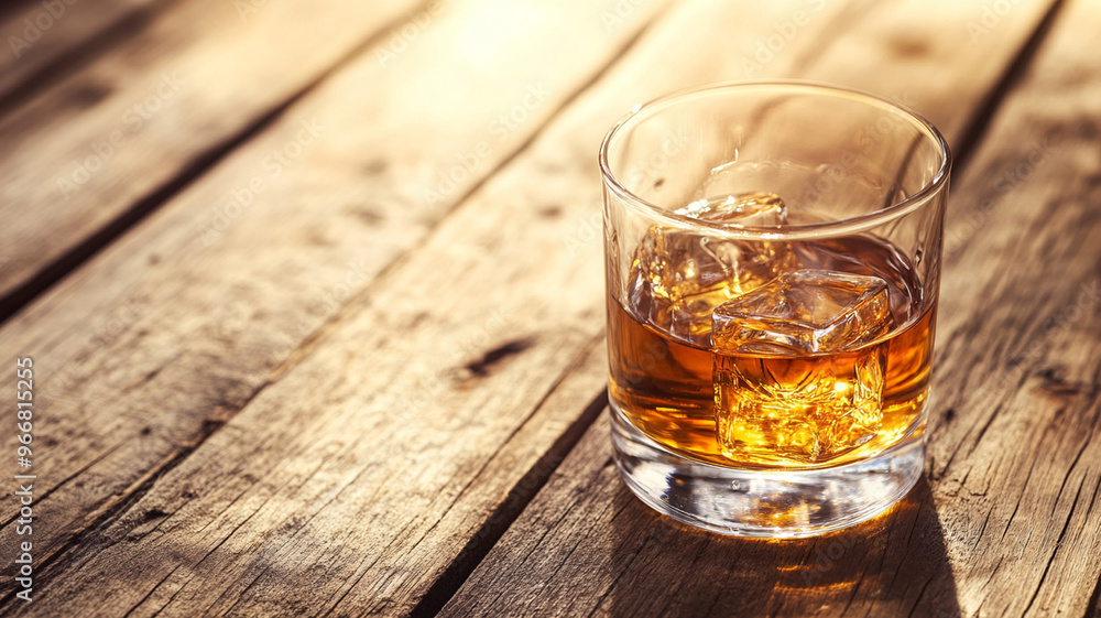 A glass of whisky sits on rustic wooden table, capturing warm glow of light. ice cubes add refreshing touch to this inviting scene, perfect for relaxation A glass of whisky sits on rustic wooden table, capturing warm glow of light. ice cubes add refreshing touch to this inviting scene, perfect for relaxation