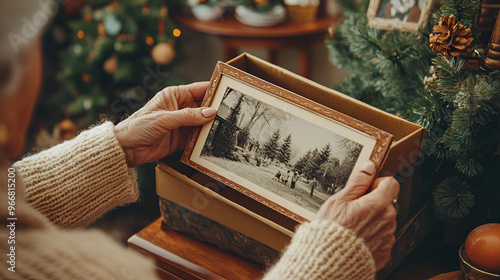 Elderly woman holding a vintage photo from a box The scene captures sentimental memories in a warm room with antique decor photo