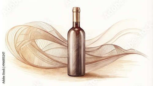 Elegant wine bottle with curves and contours sketched in delicate pencil lines on a clean white background, surrounded by subtle shading and soft textures. photo