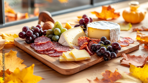 A gourmet charcuterie board featuring an assortment of cheeses, grapes, and cured meats, beautifully arranged with autumn leaves in background, creating warm and inviting atmosphere