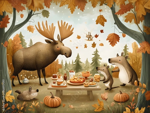 A whimsical illustration of a Canadian Thanksgiving themed nature scene with animals like moose and beavers celebrating with autumnal food and decorations photo