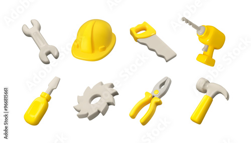 Tool vector 3d icon set. Work tools cartoon illustration, isolated on white background.