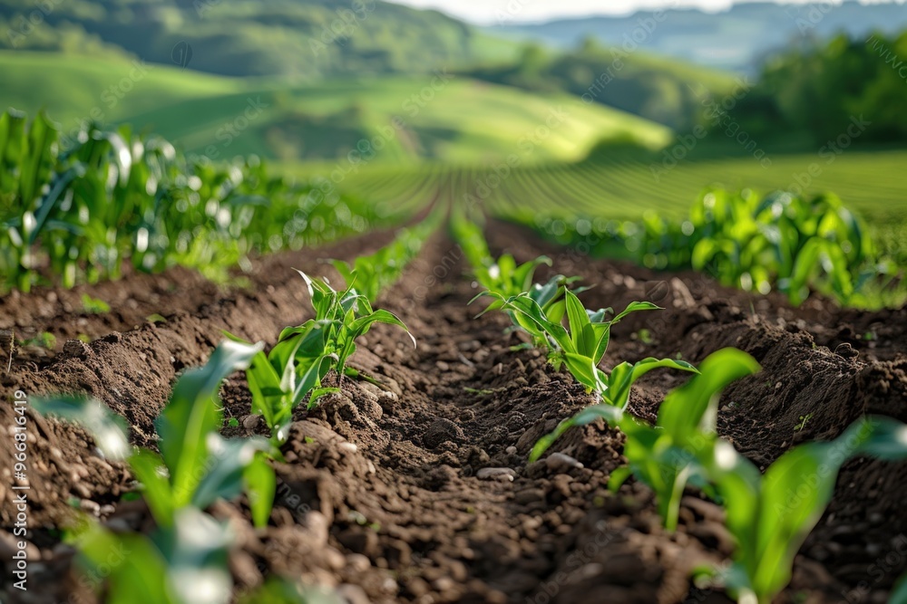 Rows of young corn plants growing in a field with green hills in the background. Rows of young corn plants growing in a field with green hills in the background.
