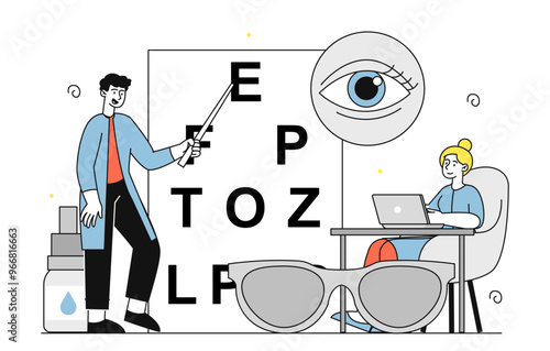 Team of oculists. Man and woman in medical uniform near large letters. Diagnosis and treatment. Medicine and healthcare. Eyesight check and vision test. Linear vector illustration