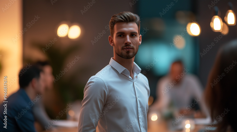 A young businessman stands in front of her team during a meeting in the conference room A young businessman stands in front of her team during a meeting in the conference room