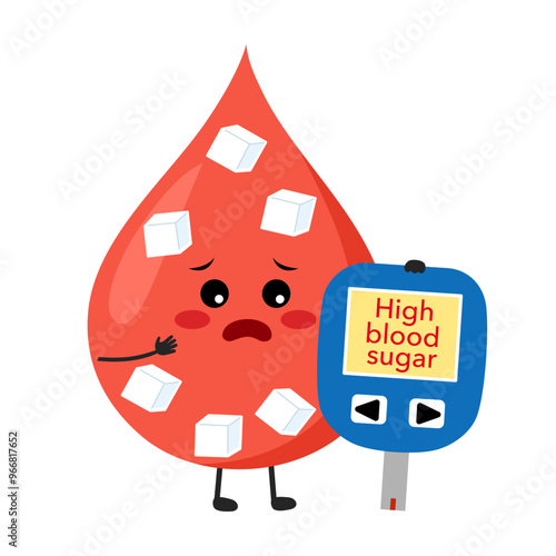 Cute blood drop cartoon character with glucose measuring diabetes device vector illustration on white background. High blood sugar level.