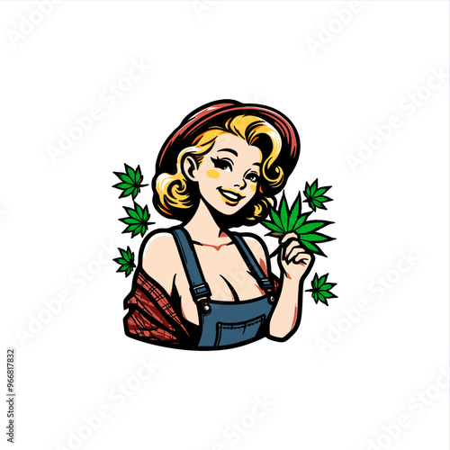pinup girl  hemp cbd farmer illustration hand drawing  logo	