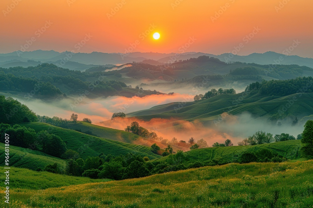 Sunrise over rolling hills with fog in the valleys. Sunrise over rolling hills with fog in the valleys.