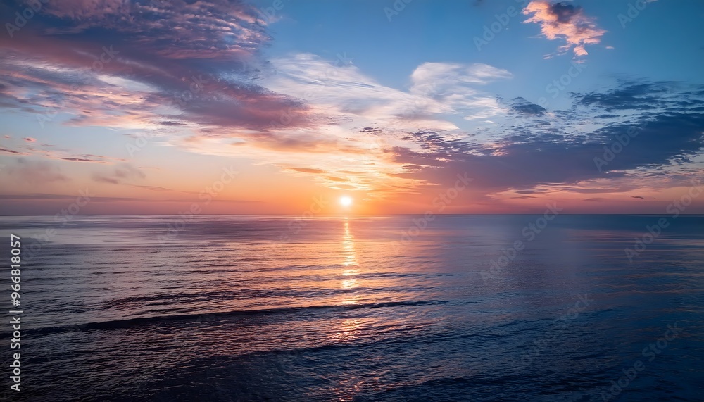 Fototapeta premium new beginning concept Beautiful orange sunset over the ocean. Reflected on the calm waters with a few clouds in the sky.