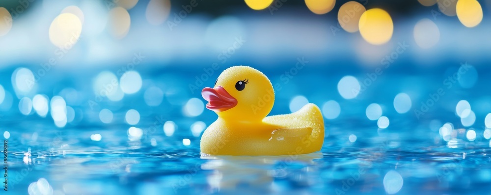 Yellow rubber duck floating on water with bokeh lights, playful and whimsical concept Yellow rubber duck floating on water with bokeh lights, playful and whimsical concept