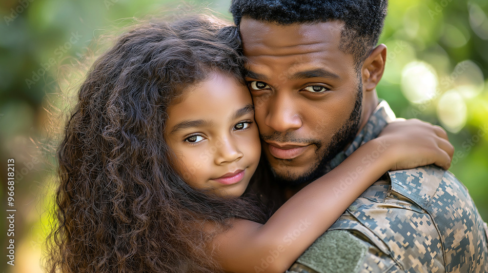 An African American male soldier embracing his daughter with long curly hair in the garden An African American male soldier embracing his daughter with long curly hair in the garden