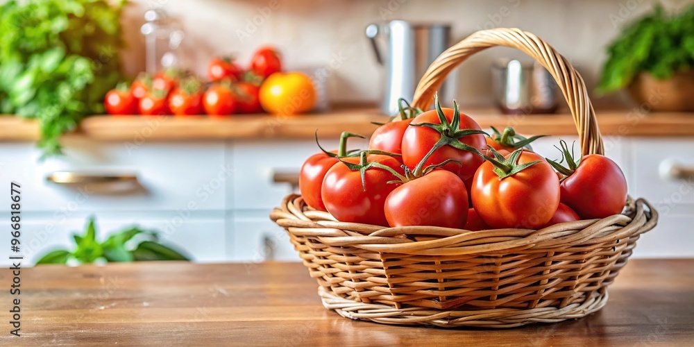 Plant-based tomatoes in a basket on kitchen counter Plant-based tomatoes in a basket on kitchen counter