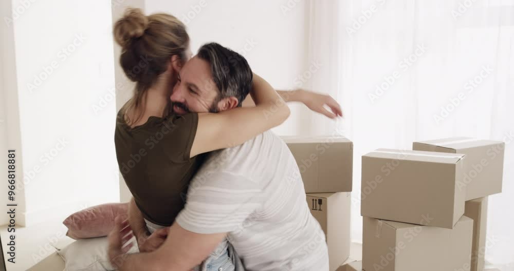 Couple, hug and living room with box in new home for real estate, mortgage and property investment. People, man or woman and embrace, spinning or moving into apartment, house or relocation with happy Couple, hug and living room with box in new home for real estate, mortgage and property investment. People, man or woman and embrace, spinning or moving into apartment, house or relocation with happy