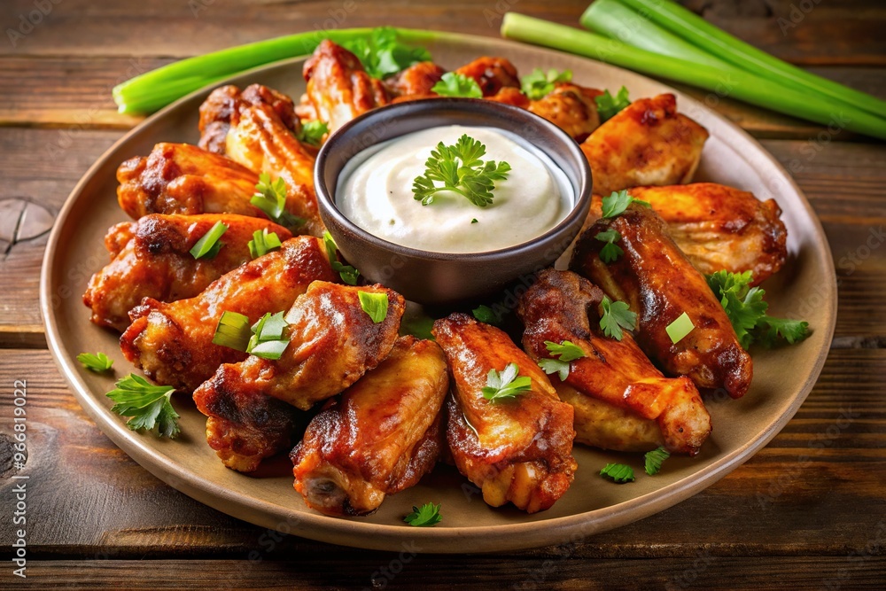 Plate of honey BBQ wings with ranch dressing Plate of honey BBQ wings with ranch dressing