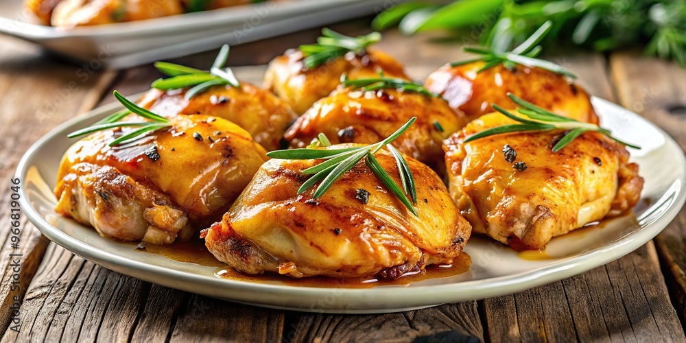 Plate of honey mustard glazed chicken thighs with rosemary in focus, creating a shallow depth of field Plate of honey mustard glazed chicken thighs with rosemary in focus, creating a shallow depth of field