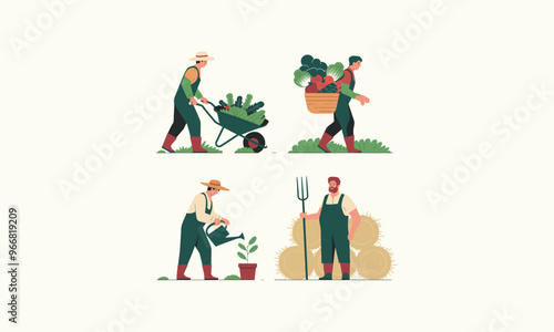 Farmers working, harvesting, watering, carrying vegetables, and tending crops outdoors.