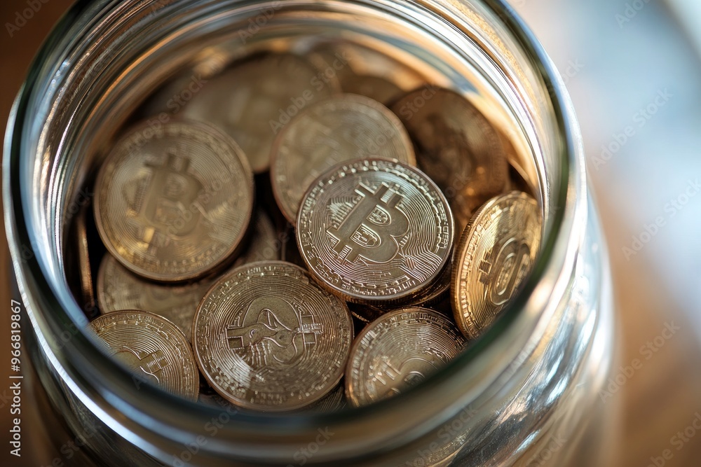 Close up photo of Bitcoins inside money jar. Conceptual photo of saving Bitcoins for the future with generative ai Close up photo of Bitcoins inside money jar. Conceptual photo of saving Bitcoins for the future with generative ai