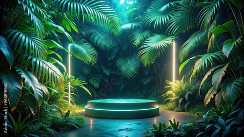 Fototapeta Naklejka Na Ścianę i Meble -  Podium glowing colorful neon in tropical jungle at night
