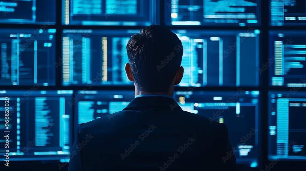 A man in a dark suit stands in front of a wall of computer monitors, all displaying blue data. He is looking at the screens with concentration. A man in a dark suit stands in front of a wall of computer monitors, all displaying blue data. He is looking at the screens with concentration.