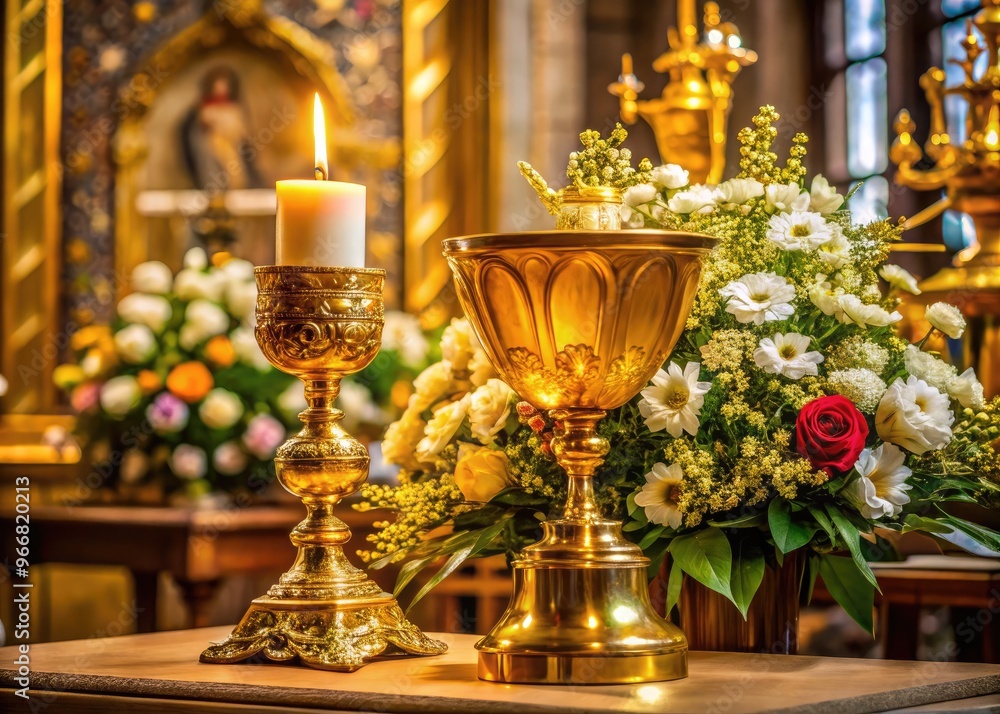 Golden chalice and consecrated host on ornate altar, adorned with fresh flowers and candles, symbolizing spiritual unity and devotion in a serene worship atmosphere. Golden chalice and consecrated host on ornate altar, adorned with fresh flowers and candles, symbolizing spiritual unity and devotion in a serene worship atmosphere.