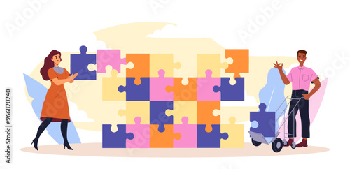 People with puzzles. Man and woman near multicolored puzzles. Metaphor of teamwork and partnership. Collaboration and cooperation. Colleagues working on common project. Flat vector illustration