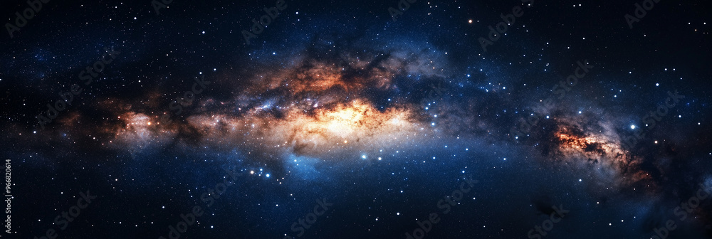 Fototapeta premium Majestic starry sky with the Milky Way galaxy glowing brightly in the dark universe, cosmic background full of sparkling stars and celestial wonders. Stunning depiction of the infinite universe