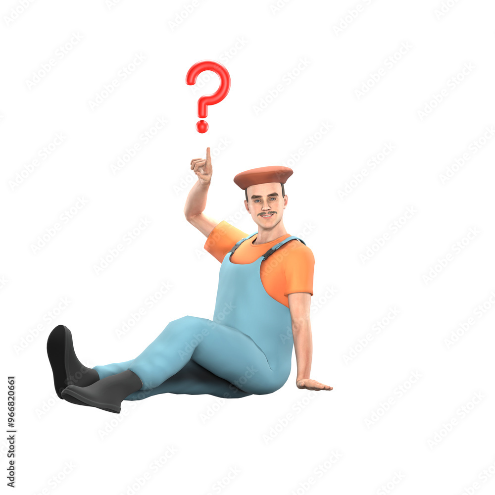Male Painter Professional Character. A male painter is sitting with his legs straightened while his right hand points to a red question mark above his head. 3D Art Model Male Painter Professional Character. A male painter is sitting with his legs straightened while his right hand points to a red question mark above his head. 3D Art Model