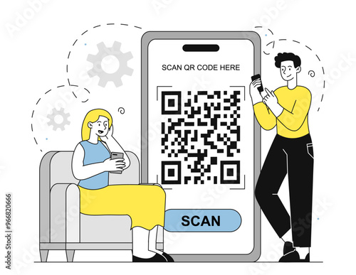 People with QR code. Man and woman with smartphones scanning qr code. Barcode and shortened link at phone. Security and identification. Linear vector illustration