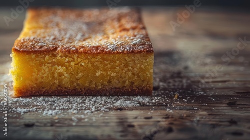 A delicious slice of cake covered in powdered sugar, set against a rustic wooden table backdrop.