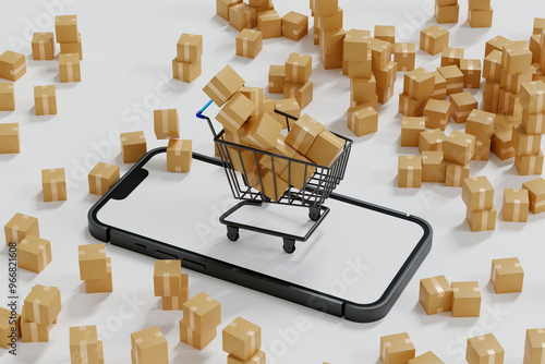 Parcel drop in supermarket cart on mobile phone and go ahead, online shopping, 3D rendering.