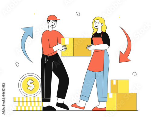 Courier with reseller. Male courier exchanges parcel for money. Postal service, lgistics and shipping. Globalization of business, b2b. Linear vector illustration
