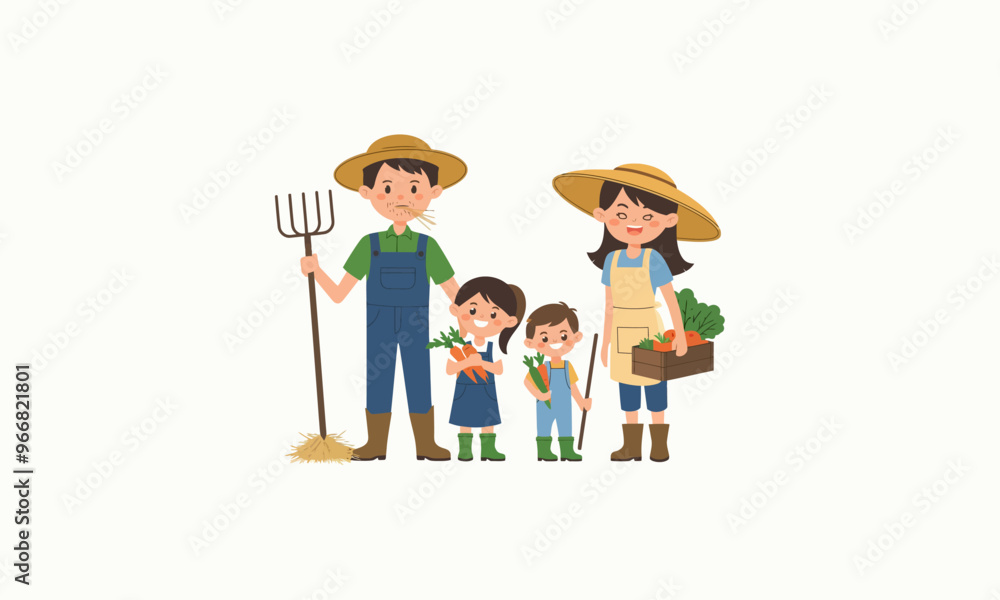 A farming family holding vegetables, tools, and smiling happily together. A farming family holding vegetables, tools, and smiling happily together.