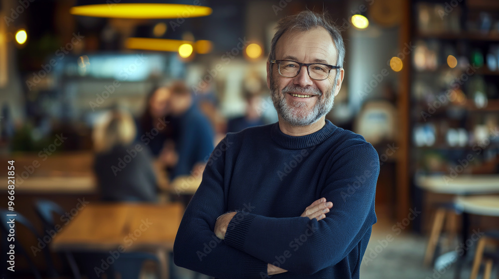 A Senior man stands in an office with his arms crossed, wearing glasses and a dark blue sweater A Senior man stands in an office with his arms crossed, wearing glasses and a dark blue sweater