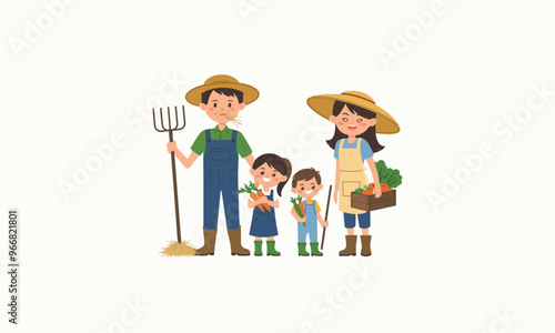 A farming family holding vegetables, tools, and smiling happily together.