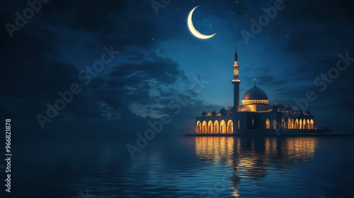 closeup Mosque and crescent moon on dark blue sky, reflection on water. Ramadan concept,. dramatic view with generative ai photo